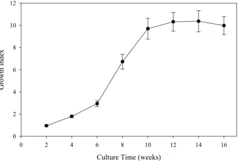 Fig. 4. Growth index of D. intermedia cultures during a 16 weeks culture period. The  culture growth index was calculated as the fresh weight gain divided by the  culture’s initial fresh weight and was registered at 2 week intervals