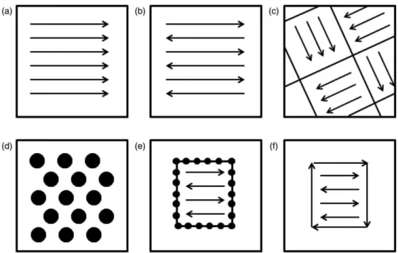 Figure 12 - Scan strategies used to determine heat source path in metal AM as seen in the X-Y plane  (perpendicular to the build direction): (a) unidirectional or concurrent fill; (b) bi-directional, snaking, or 