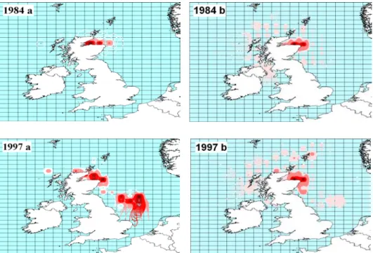 Fig. 2 – Maps showing Loligo forbesi abundance distribution in October of 1984 and 1997, in Scottish waters,  achieved from CPUE (a) and landings (b)