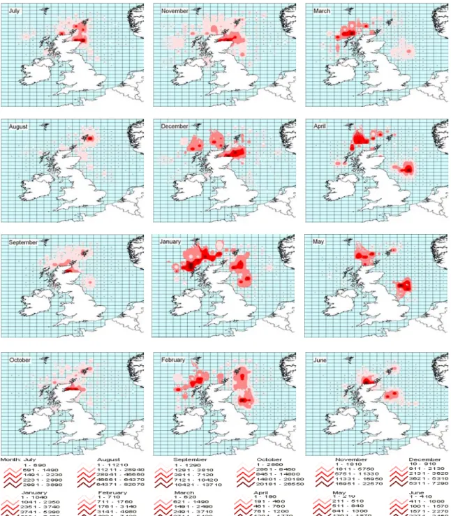 Fig. 4 – Contour maps of the annual distribution of L. forbesi abundance (Kg), from July of the year 2000 until  June of the following year, 2001