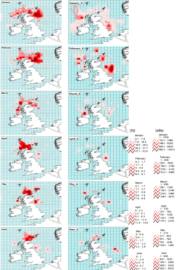 Fig. 2 – Maps showing Loligo forbesi abundance distribution from July of 1997 to June of 1998, in Scottish  waters, achieved from landings in Kg (left) and CPUE in Kg per hour of effort (right, b)