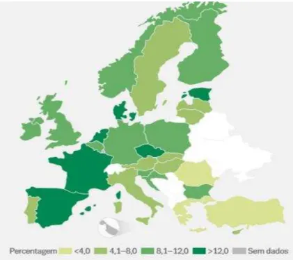 Figura 2  –  Prevalência do consumo de Cannabis no último ano entre jovens adultos (15-34 anos)  (Observatório Europeu da Droga e da Toxicodependência, 2015)