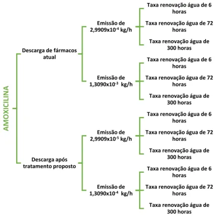 Figura 4.2 – Representação esquemática das simulações efetuadas para as taxas de emissão da amoxicilina