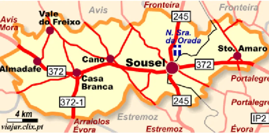 FIGURA 1 – Localização e mapa de Sousel (Fonte: www.viajar.clix.pt)