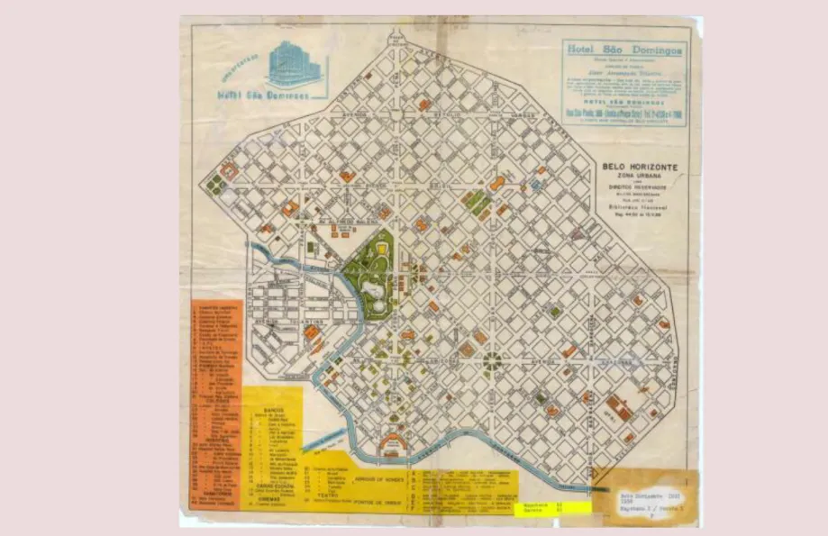 Figura  31-  Planta  da  Zona  Urbana  de  Belo  Horizonte,  1956.  Estão  em  cor  laranja  e  amarelo  os  principais  órgãos  públicos,  colégios,  hospitais,  bancos,  cinemas,  teatros,  sanatórios, pontos de ônibus e abrigos de bondes