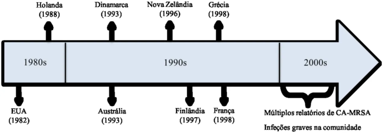 Figura 6: Propagação global de CA-MRSA (adaptado de Skov et al., 2012) 
