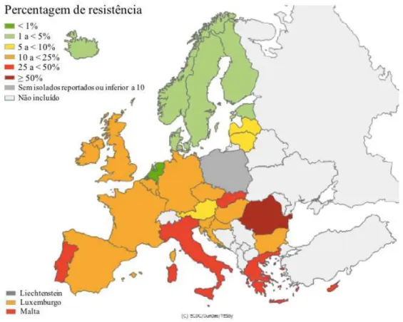 Figura 9: Distribuição de MRSA na Europa em 2014 