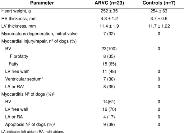 Table  1.  Gross  and  Histopathological  Characteristics  of  Boxer  Dogs  with  ARVC  (adapted from Basso et al., 2004) 