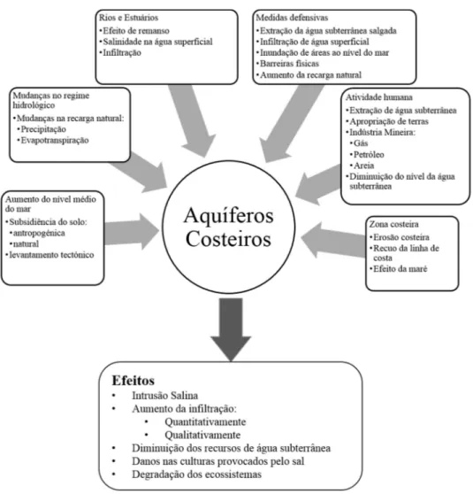 Figura 2.2-Características que afetam aquíferos costeiros. Adaptado de Oude Essink (2001)