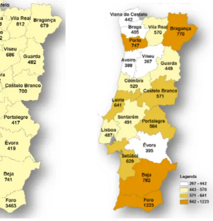 Figura 6 – Utentes em tratamento de toxidependências (álcool e outras substancias) no  ano de 2009, por distrito, em Portugal continental, segundo o relatório anual do IDT