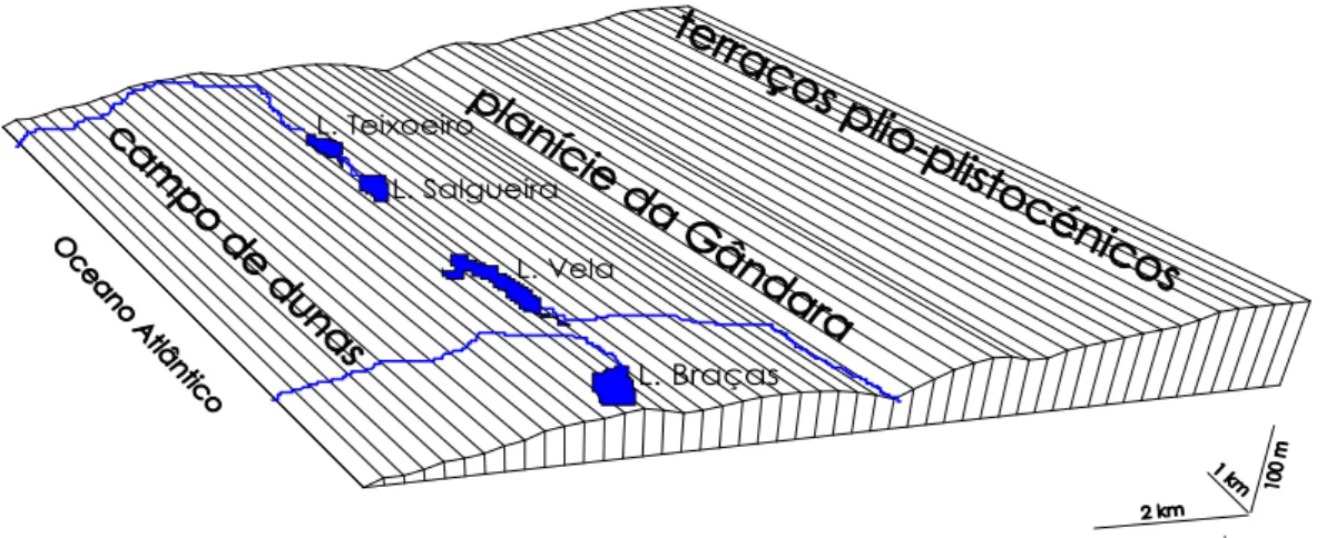 Figura 1.2 - Morfologia geral da paisagem na área envolvente das Lagoas  de Quiaios  (modelo matricial de interpolação 3D).