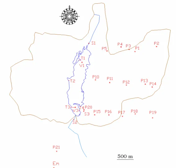 Figura  3.1  -  Localização  dos  pontos  de  amostragem  na  Lagoa  da  Vela  e  respectiva  bacia  drenante  (V1,  V3  e  Vm  -    Lagoa  da  Vela;  P1  a  P21  -  poços;  S1,  S2  e  S3  -  valas  de  escoamento; T1,T2, T3 e T4 -  transectos de macrófit