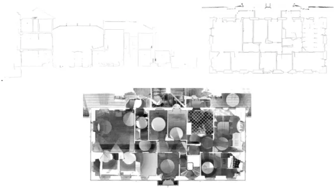 Figure 3.8 - Top images: vertical and horizontal sections; bottom image: floorplan ortho-images