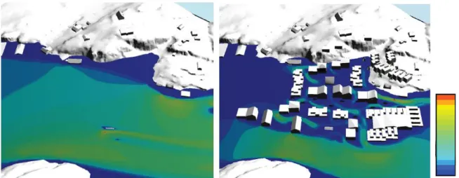 Figure 3.22- Wind study: Left image:without buildings; right image: with buildings. Source: Image courtesy Grape architects 