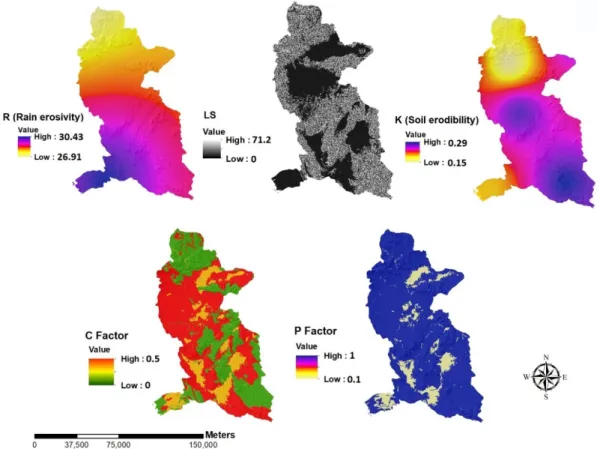 Figure 9. Maps of the factors used for erosion estimation in the RUSLE model at the Minab dam  watershed