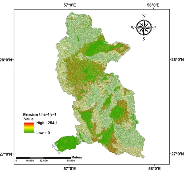 Figure 10. Soil erosion map of Minab dam watershed in the baseline period. 