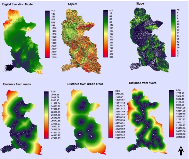 Figure 2. Variables used in Land Change Modeler (LCM): Digital Elevation Model, aspect, slope,  distance from roads, distance from urban and distance from rivers