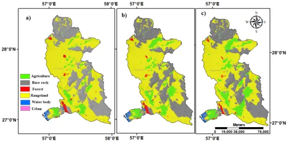 Figure 4. Land use maps (a) Land use 1995, (b) Land use 2003 and (c) Land use 2016. 