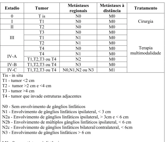 Tabela  1  -  Estadiamento  TNM  e  modalidades  de  tratamento  possíveis  para  a  Patologia  Oncológica  da 
