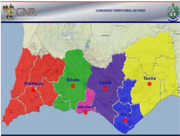 Figura n.º 1: Zonas de Ação dos Destacamentos da GNR do Comando Territorial de Faro  Fonte: www.safecommunitiesalgarve.com 