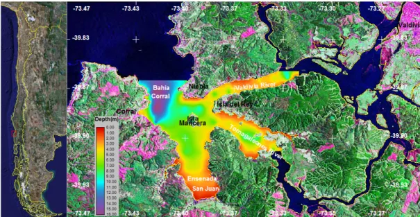 Figure 1. Landsat ETM satellite image of the Valdivia estuary and superimposed  bathymetry map of the study area