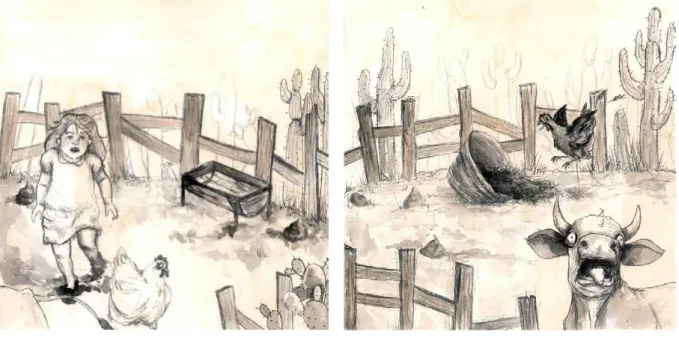 Fig. 9 e 10: Pacheco, Tuca pega a galinha 1 e 2, 2018. Ilustrações (grafite e aquarela sobre papel).