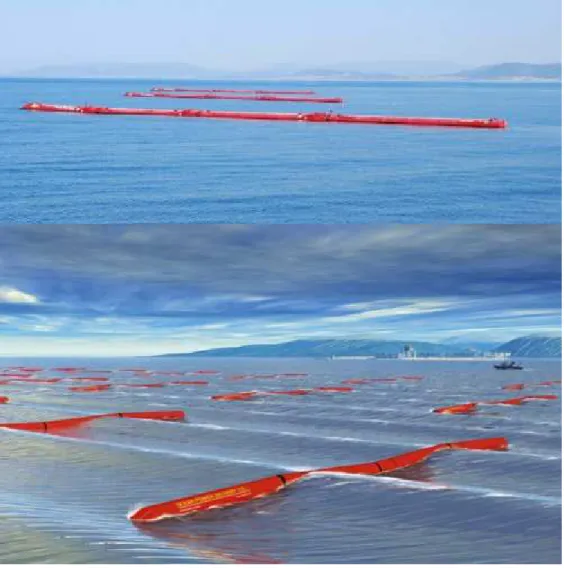 Fig 25. Pelamis wave farm. The upper side of image shows the current wave  farm project (3 devices), and the lower shows the planned wave farm (21  devices)
