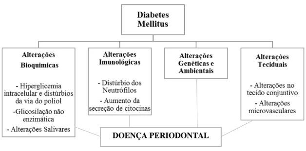 Figura 4 Fisiopatologia da doença periodontal associada a DM. Adaptado de Alves et al em 2007 