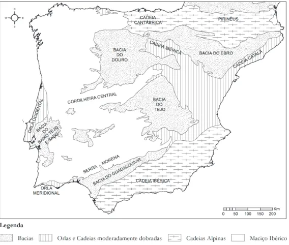 Figura 2.2 – Mapa da Península Ibérica com as principais unidades morfoestruturais (adaptado de Ribeiro et al., 1979: 
