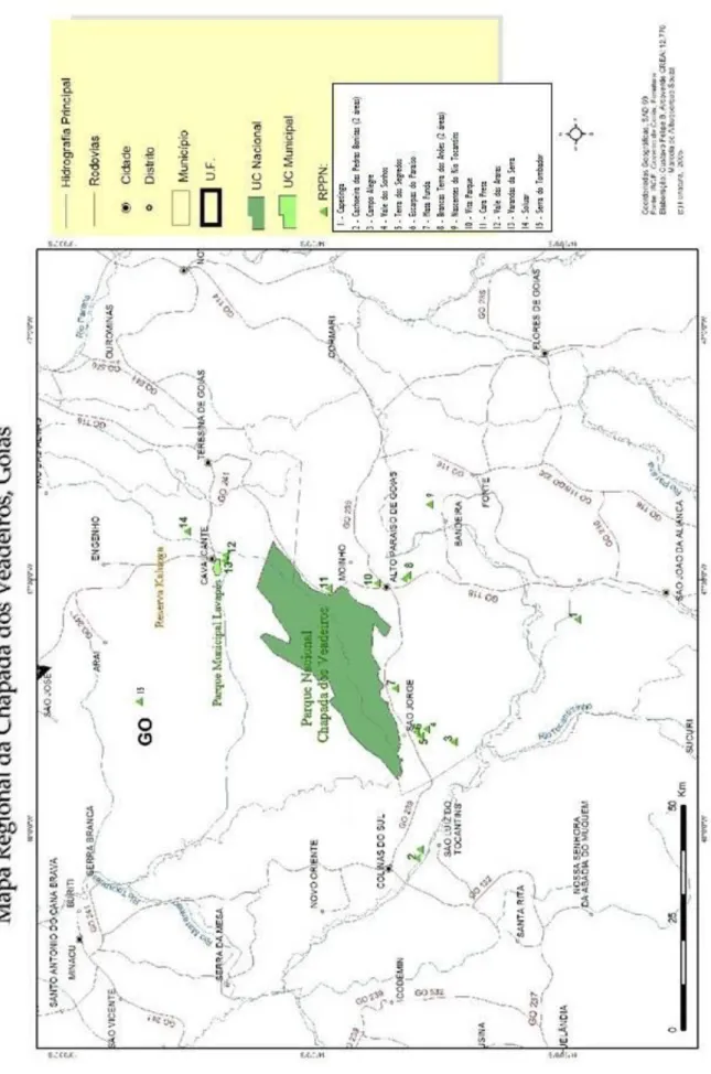 Figura 6 – Mapa Regional da Chapada dos Veadeiros, Goiás com a localização das 15 RPPNs da região