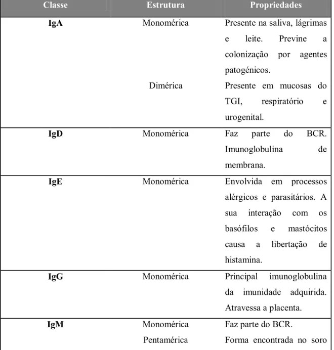 Tabela 3 - Características das classes de Imunoglobulinas (adaptada de Júnior et al., 2010) 