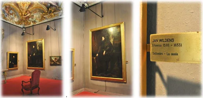 Figura 4.14 - Quadros suspensos com iluminação própria e pormenor da legenda no Palazzo Rosso