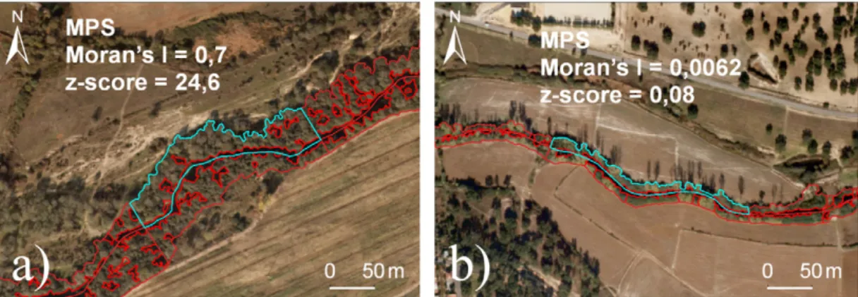 Fig. 7. Morans’ I and z-score for the Mean Patch Size (MPS) for the tree cover class. Illustration of: (a) high spatial dependence (River Sôr); and (b) spatial independence (River Muge).