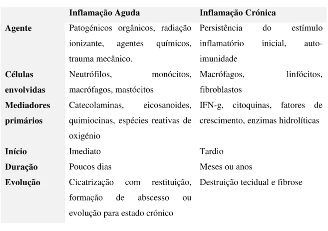 Tabela 1 - Caracteristicas dos processos inflamatórios agudo e crónico. Adaptado de (Mesquita Jr