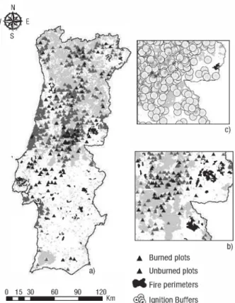 Figure 1. The map displays the fire perimeters occurred in Por- Por-tugal during two periods: 1997-2004 and 2005-2007 and plots of pure / even-aged Maritime pine plots (a), a part of the data acquisition national forest inventory (NFI) plots used in the st