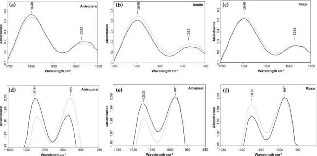 Figure 3. ATR-FTIR spectra of wheat milled grains representing different variations between control  (dark  lines)  and  HT  treated  (light  lines)  plants  obtained  in  amide  I  and  II  bands  associated  with  protein (a–c), and in 1015 and 997 cm −1