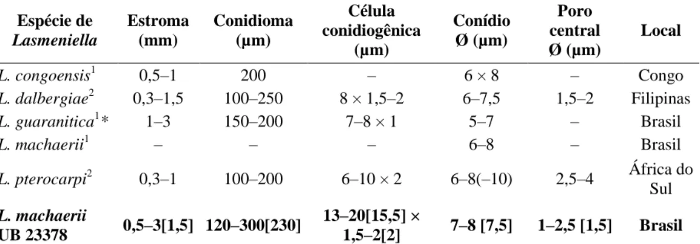 Tabela 3. Características morfométricas das espécies de  Lasmeniella relatadas em Fabaceae 