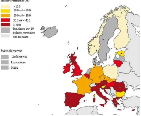 Figura  4  -  Percentagem  de  isolados  MRSA  em  isolados  de  infeções  adquiridas  em  hospitais  europeus  (retirado  de:   http://www.ecdc.europa.eu/en/healthtopics/Healthcare-associated_infections/database/Pages/hai-p a 10 de outubro de 2013) 