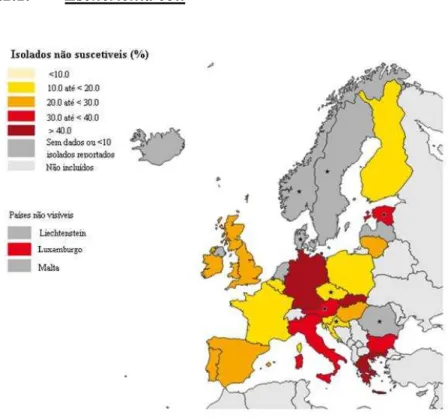 Figura 5 -  Percentagem de isolados de E. coli não suscetíveis a C3G em infeções adquiridas nos hospitais  europeus  (retirado  de:   http://www.ecdc.europa.eu/en/healthtopics/Healthcare-associated_infections/database/Pages/hai-pps-database-microorganisms-