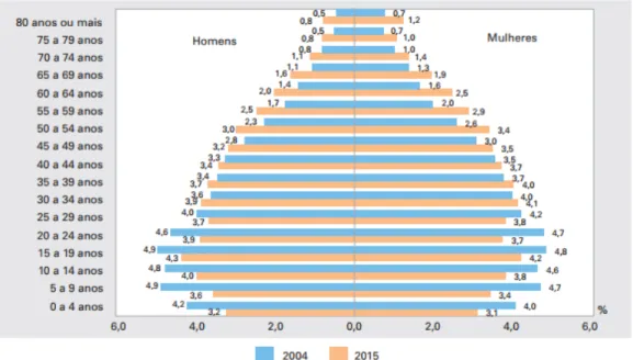 Figura 1. Distribuição percentual da população residente, por sexo e grupos de idade  no Brasil – 2004/2015 