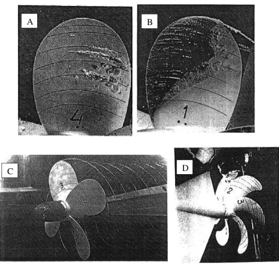 Figura 17 - Tipos de cavitação: (A) cavitação de bolha; (B) cavitação de bolsa; (C) Cavitação de vórtice de  extremidade; (D) Cavitação de Vórtice entre o hélice e a querena 17 