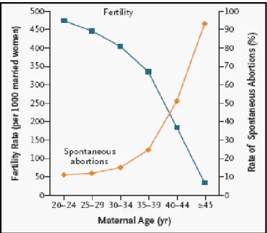Figura 1- Taxa de fecundabilidade e abortamento espontâneo em função  da idade feminina (Heffner, 2004 ) 
