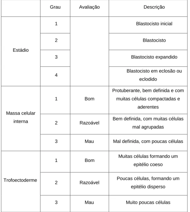 Tabela 6- Classificação do blastocisto (Almeida, Sousa, Plancha, Leal, Figueiredo, &amp; Silva, 2012)