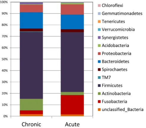 Figura  4  -  Abundância  relativa  dos  diversos  filos  bacterianos  na  periodontite  periapical  aguda  e  crónica (Santos et al., 2011) 