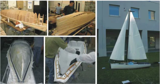 Figure 1: The construction of FASt: (top-left to bottom-right) assembly of the frames; strip planking; the mould;