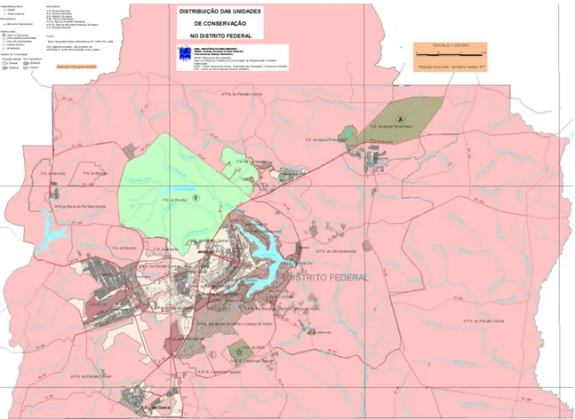 Figura  1.  Mapa  com  localização  das  áreas  de  preservação  onde  foram  realizadas  as  coletas de dados (A) Estação Ecológica de Águas Emendadas – ESECAE, (B) Parque  Nacional de Brasília – PNB, (C) Fazenda Água Limpa – FAL e (D) Reserva Ecológica  