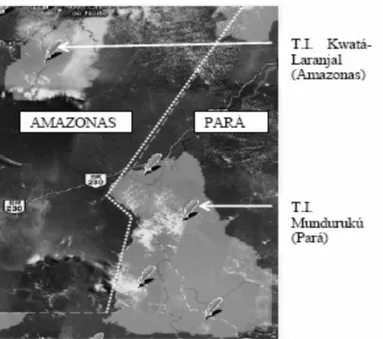 Figura 2. Mapa da posição geográfica entre a tribo Mundurukú do Amazonas e a tribo Mundurukú do  Pará