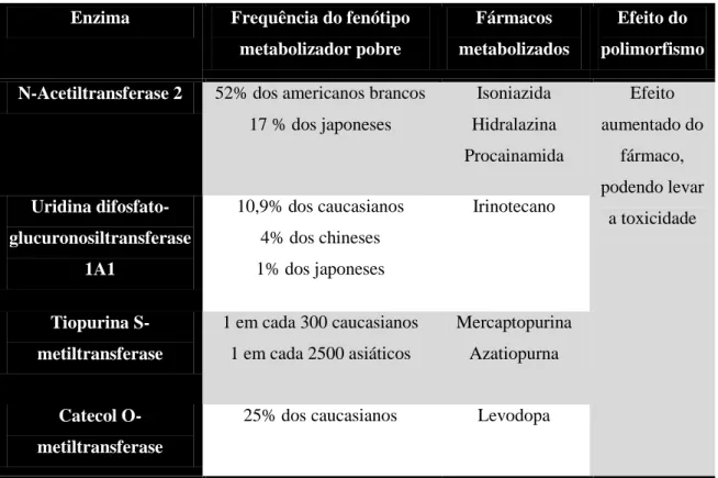 Tabela  II  -  Farmacogenética  das  enzimas  metabólicas  de  fase  II  (adaptada  de  (Guttmacher e Collins, 2003)