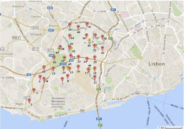 Figure 2. Map of Monsanto Park, Lisbon, in relation to other cities, showing sample collection sites  (created using batchgeo.com)