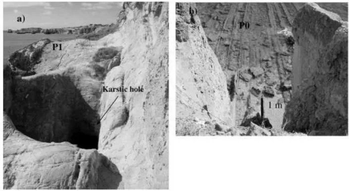 Fig. 6. Morphological features of sector II (see Fig. 1 for location): a) P1 developed into the vertical layers; b) P0 cutting vertical marls and claystones from the Cretaceous.